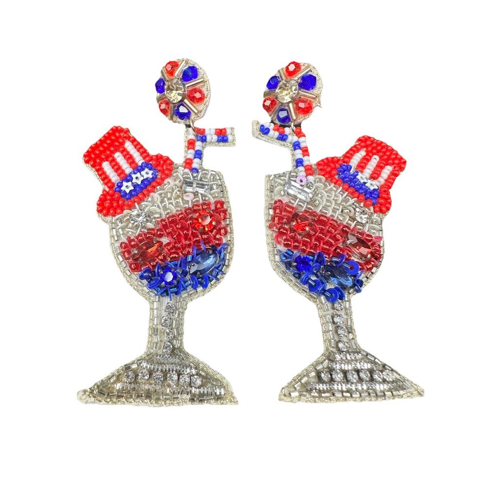 PATRIOTIC RED WHITE & BLUE USA DANGLE EARRINGS TOP HAT WINE GLASS SPARKLE FUN‎